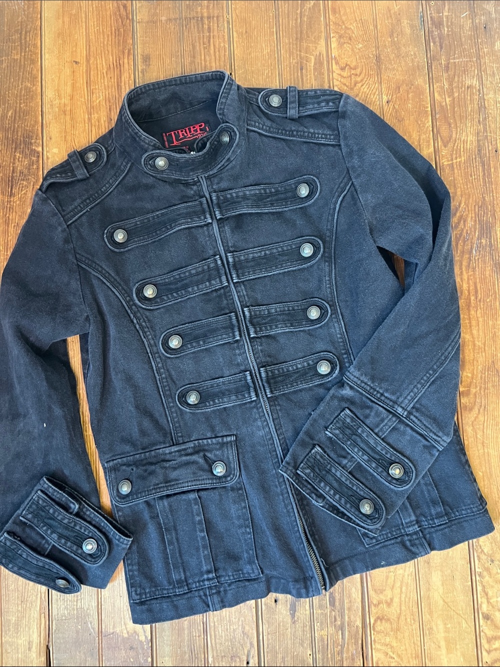 Vintage 90s Goth Emo Tripp NYC Black Military Jacket with Button Straps size M